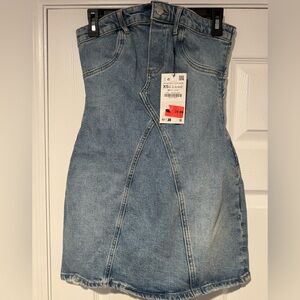 Zara Blue Strapless Dress Elegant Fitted Design